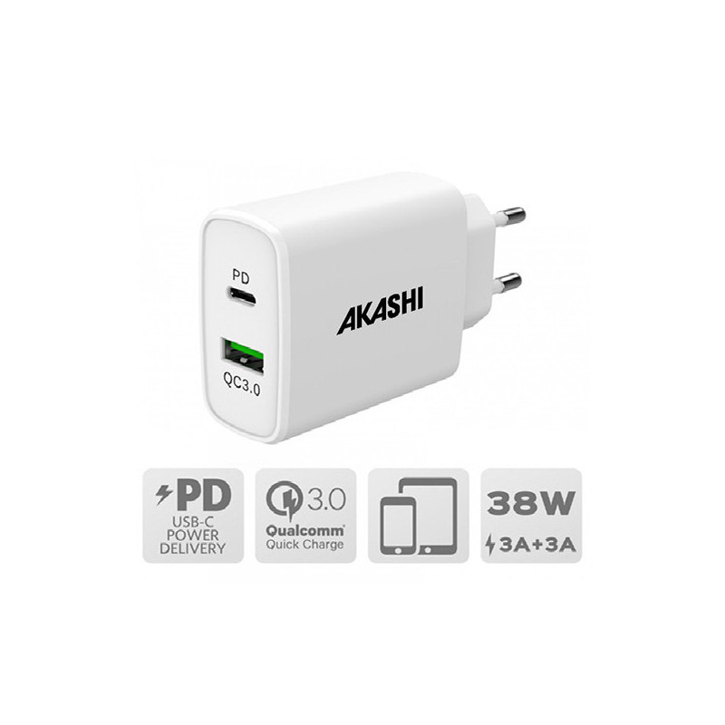 Prise Secteur 38W USB-A QC3.0 + USB Type-C PD Blanc - AKASHI - ALT28918