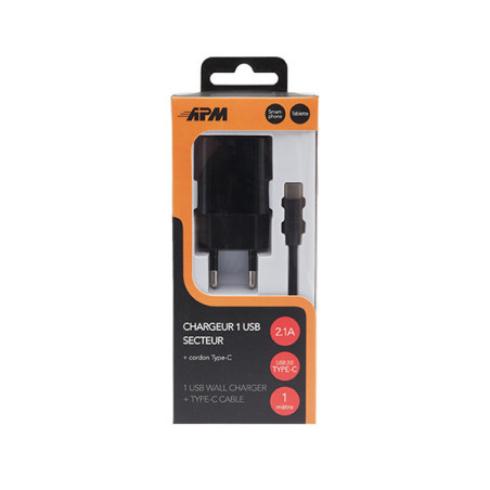 Chargeur 1 port USB 2.1A + câble Type-C 1m Noir - APM - 570339
