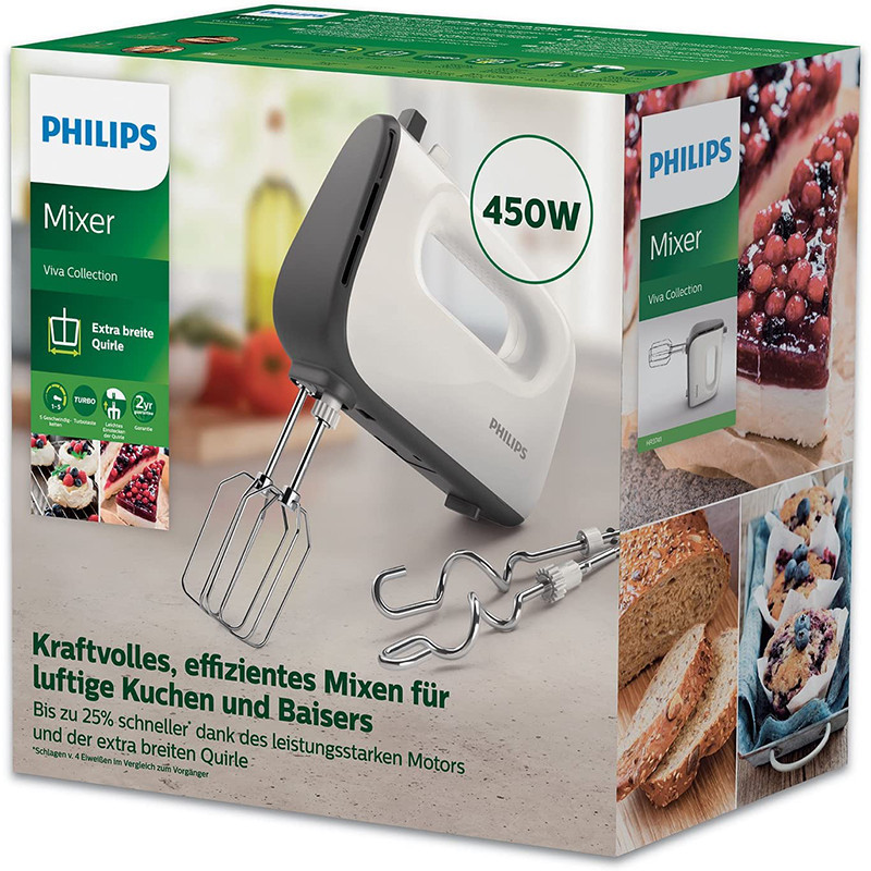 Batteur Électrique Viva Collection 450W Fonctions Turbo + 5 Vitesses Blanc -  PHILIPS - HR3741/00