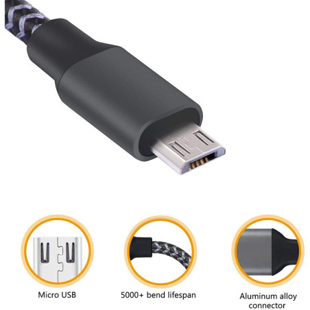 Câble Micro USB en Nylon Tressé 2m Noir - BAS699550