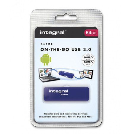 Clé Slide USB 3.O OTG 64Go Bleu - INTEGRAL - CLESLIDE64GBOTGU3