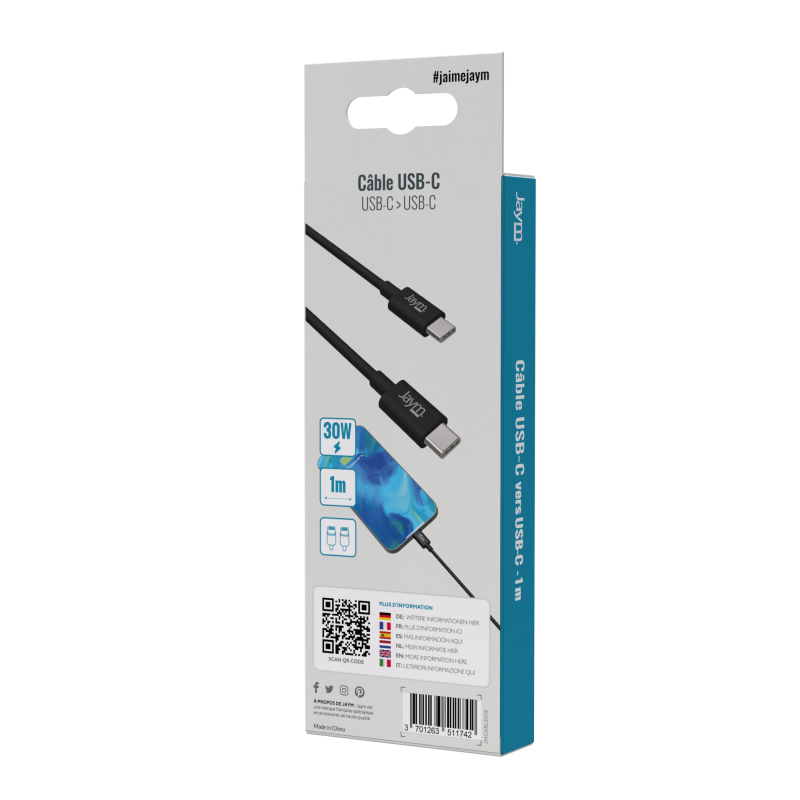 Câble charge et synchro Power Delivery USB-C vers Type-C 1m Noir - JAYM - JMCâble 018