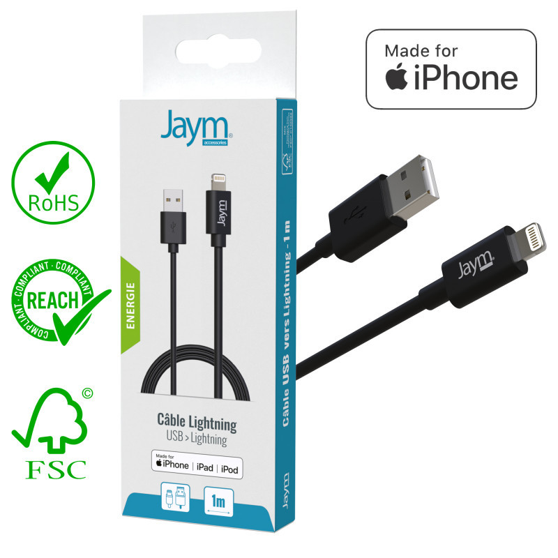 Câble Charge & Synchro USB Vers Lightning MFI 1m Noir - JAYM - JMCâble 001  