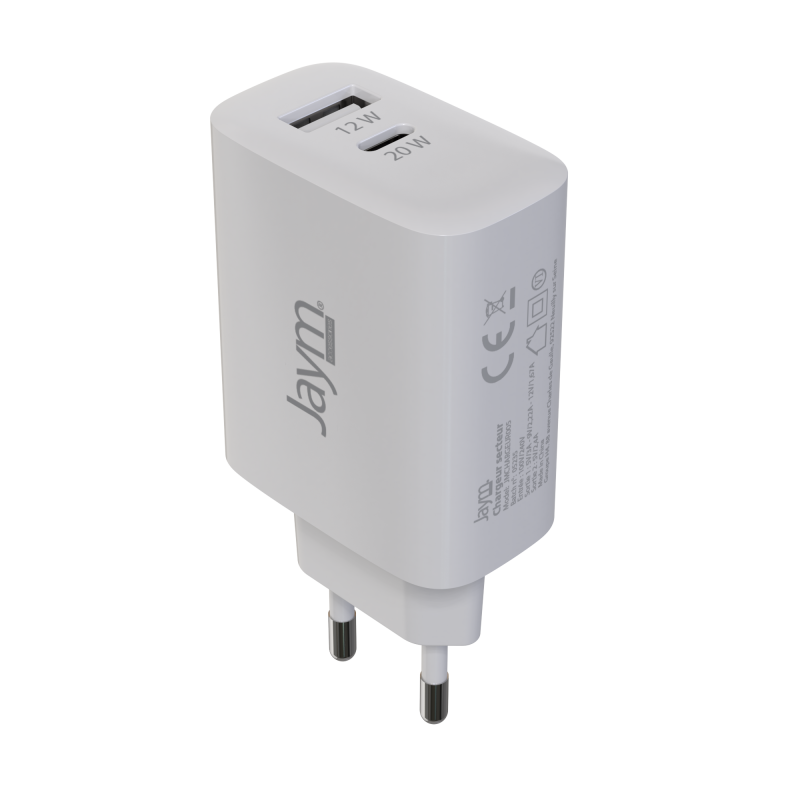 Chargeur Secteur Power Delivery 2 USB 32W Blanc - JAYM - JMCHARGEUR005 