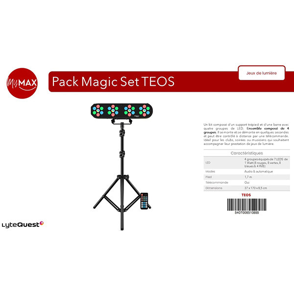 Pack Jeux de lumières Magic Set Teos, 4 PAR LED, trépied, télécommande,  Ball6, Plug&Play, Bar Karaoké, Soirée Fête Animation