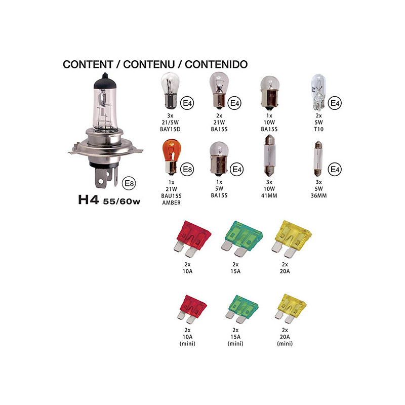 Coffret ampoules de remplacement H4+18 ampoules +12 fusibles  - CAR PLUS - 2404030