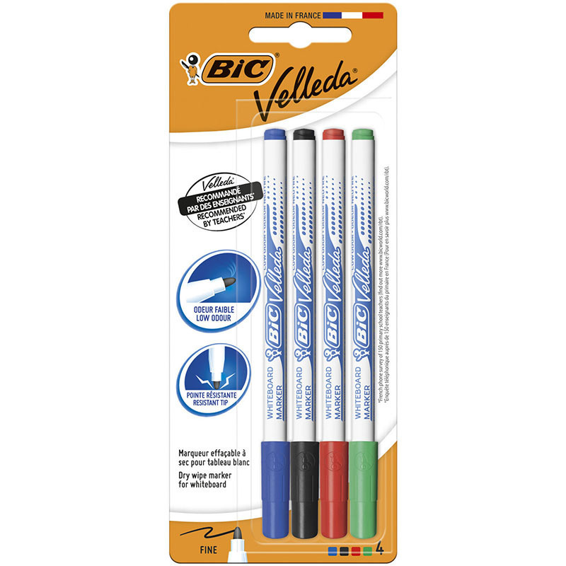 Feutre effaçable à sec Velleda pointe fine 4 coloris - BIC - 3CBIFPFINEA4
