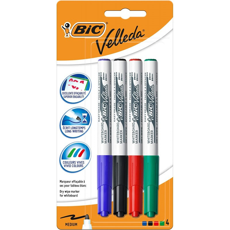 Feutre effaçable à sec Velleda pointe moyenne couleurs assorties - BIC - 3CBIFPMOYA4