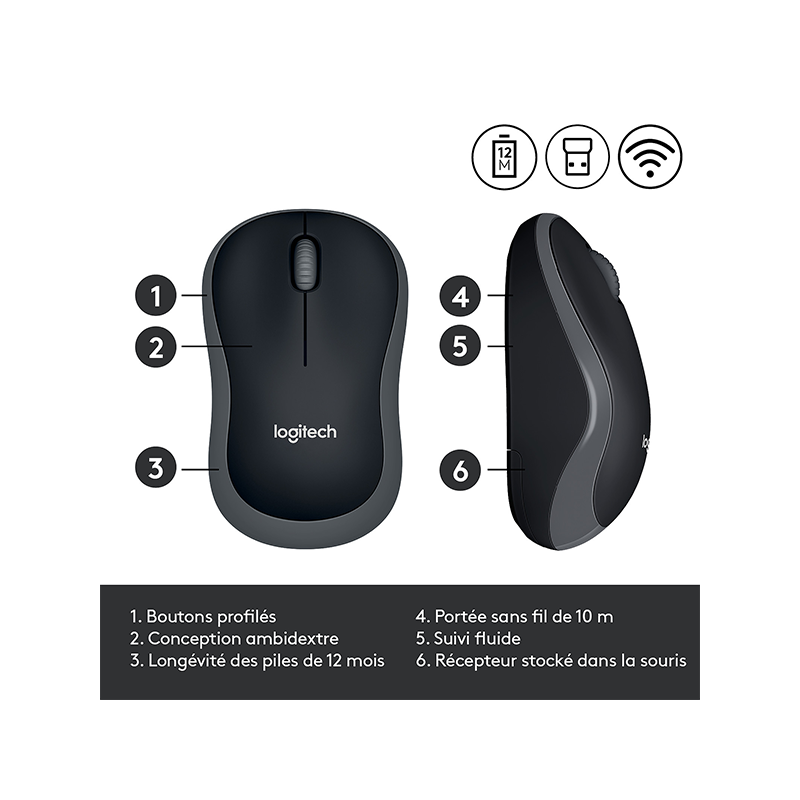 Souris sans fil USB M185 Noir/Gris - LOGITECH - LOG_910-002235