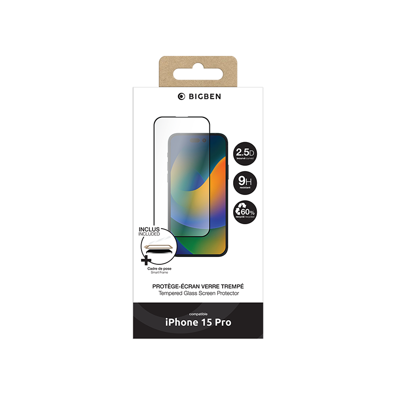 Protège écran 2.5D iPhone 15 Pro + SmartFrame - BIGBEN - PEGLASSIP15P