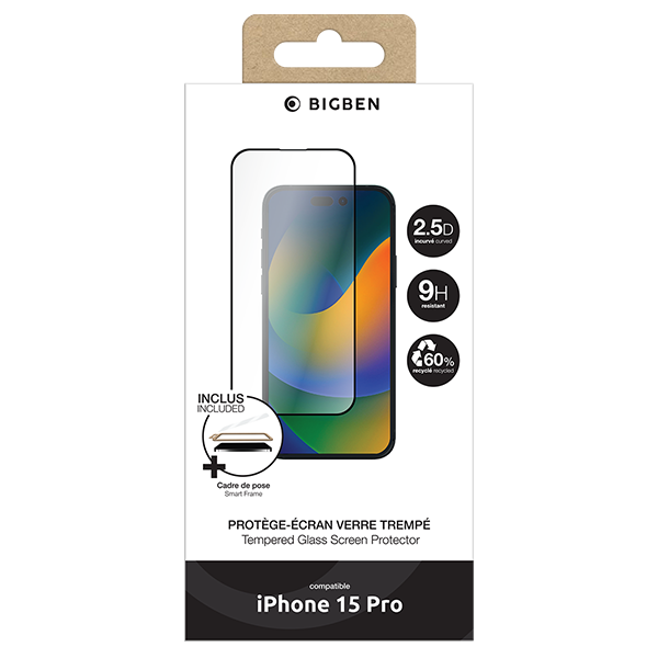 Protège écran 2.5D iPhone 15 Pro + SmartFrame - BIGBEN - PEGLASSIP15P 