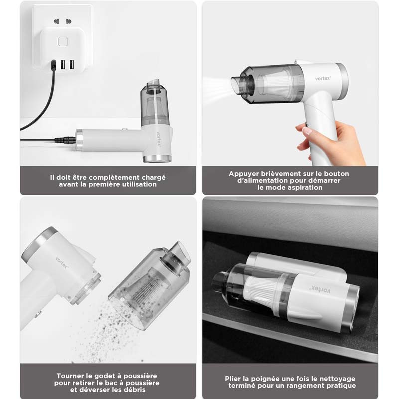 Aspirateur à main sans fil pliable Blanc - VORTEX - CRC90