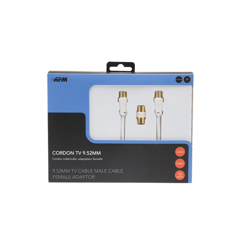 Câble TV mâle Mâle 9,52mm 10m avec adaptateur Blanc - APM - 408016