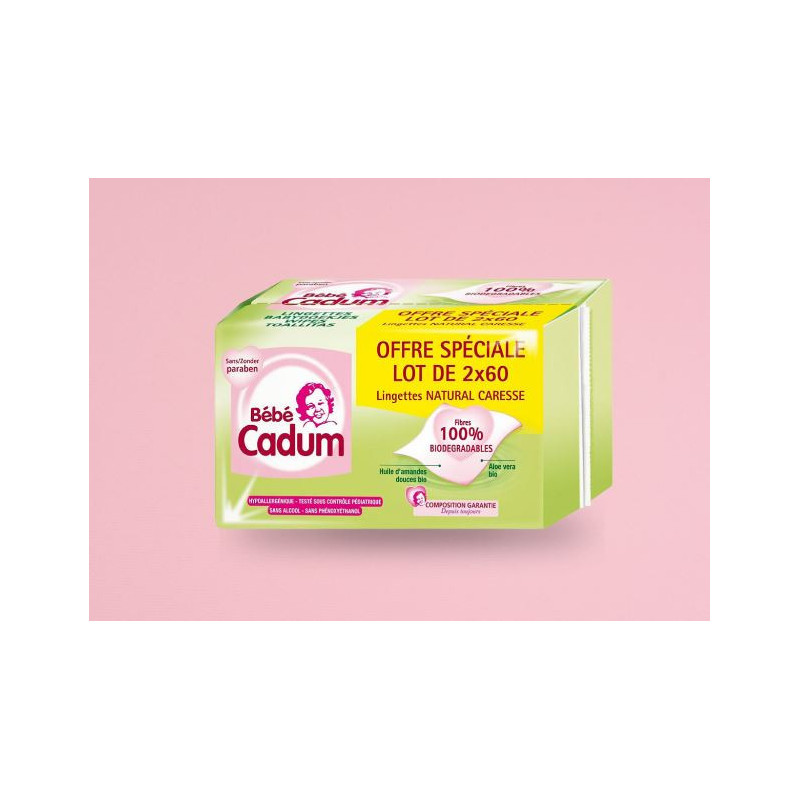 Lot de 2x60 Lingettes bébé biodégradables Natural Caresse - CADUM