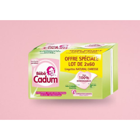 Lot de 2x60 Lingettes bébé biodégradables Natural Caresse - CADUM