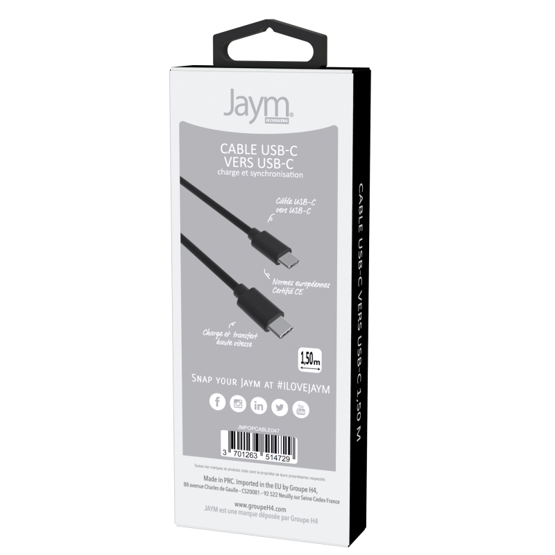 Câble USB-C vers Type-C 3A 1.5m Noir - JAYM - JMPOPCABLE047