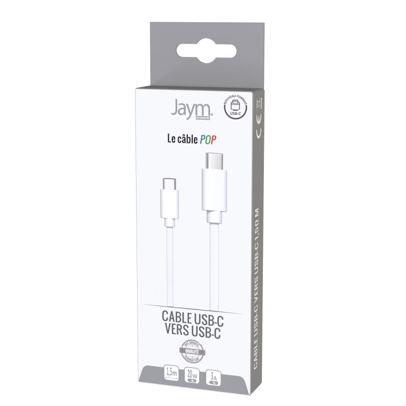 Câble USB-C vers type-C 3A 1.5m Blanc - JAYM - JMPOPCABLE048