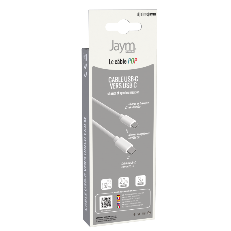 Câble USB-C vers type-C 3A 1.5m Blanc - JAYM - JMPOPCABLE048