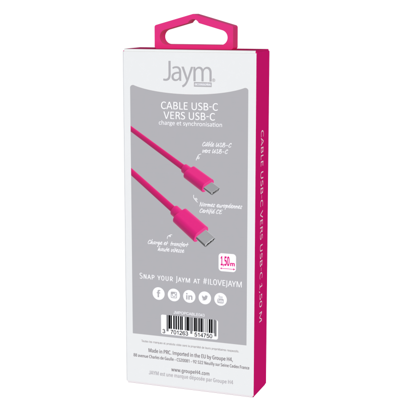Câble USB-C vers type-C 3A 1.5m Rose - JAYM - JMPOPCABLE043