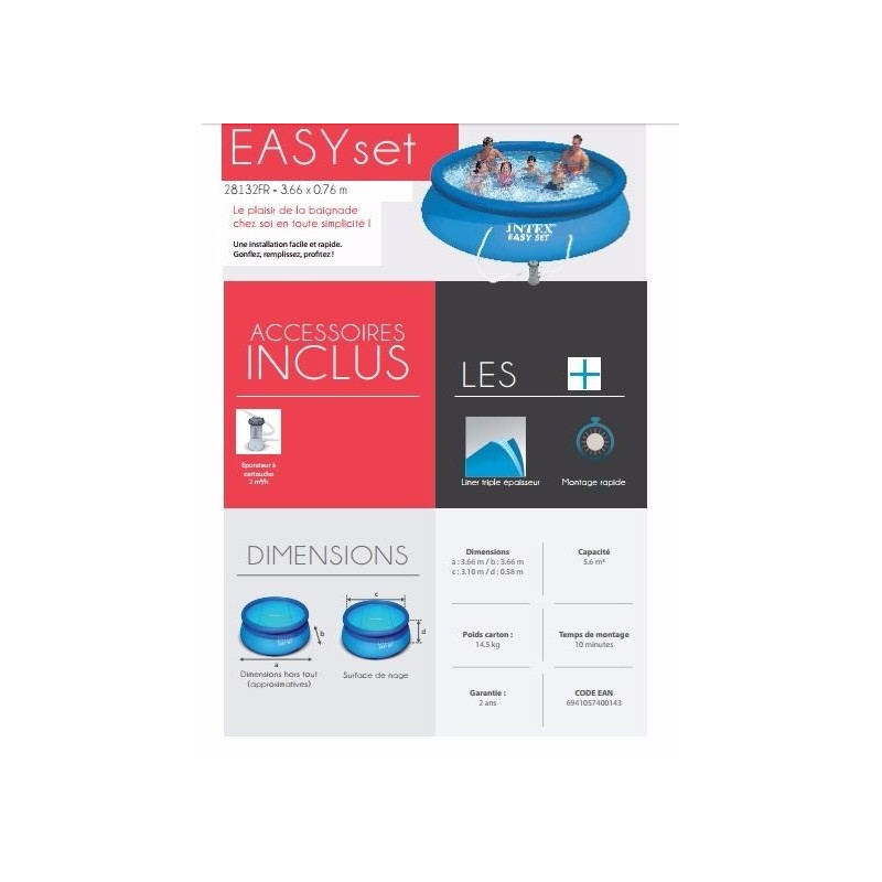 KIT PISCINE EASY SET  AUTOPORTANTE 366x76 CM INTEX