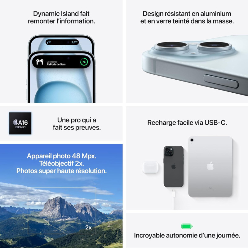 iPhone 15 Noir 128Go - APPLE - RECONDITIONNÉ - Non EU - A3092