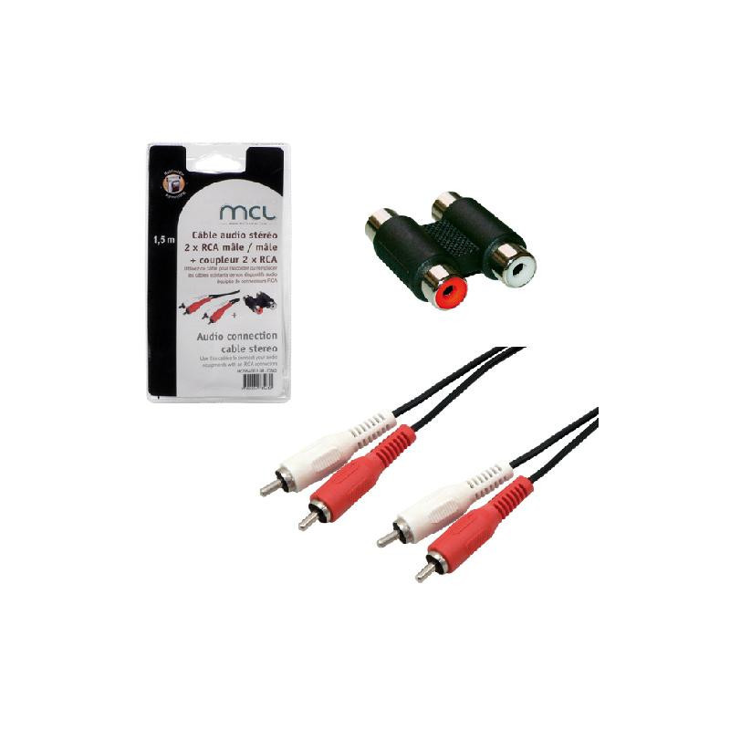Câble audio 2 RCA avec coupleur Mâle/Mâle 1.5m - MCL - CABLEMC705AGE1-5MMCL