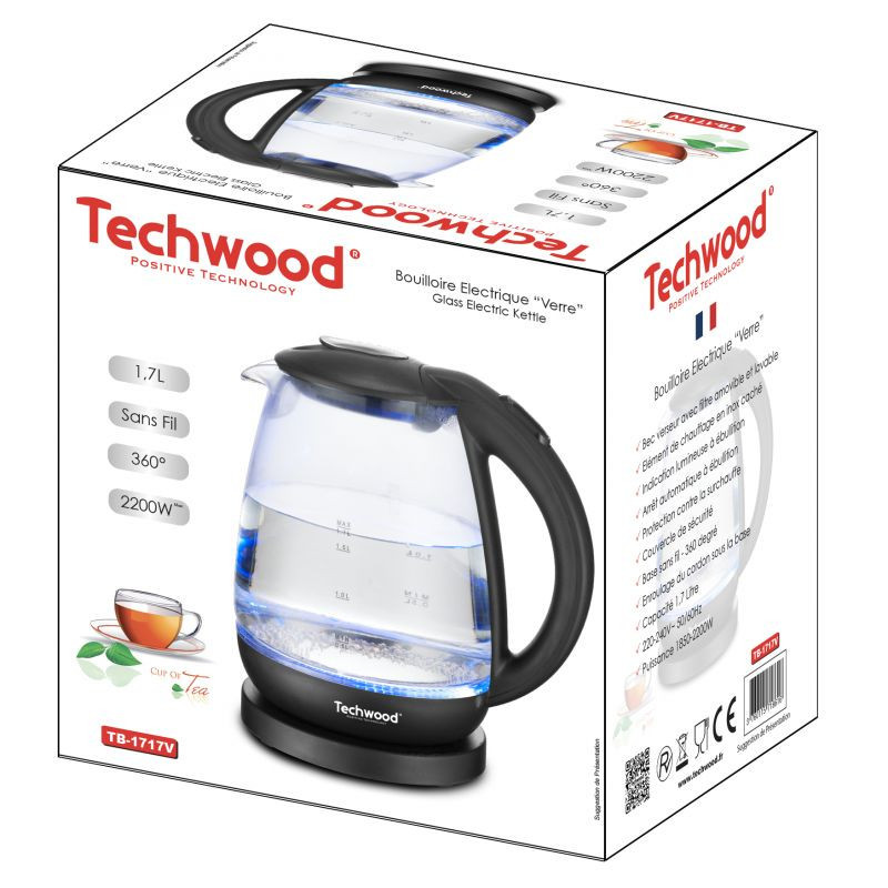 Bouilloire électrique en Verre 1.7L Noir/Transparent - TECHWOOD - CAFTB1717VTECH
