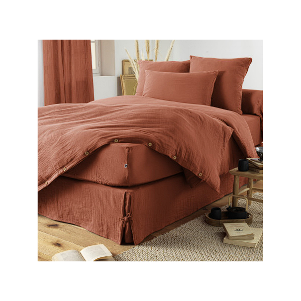 Drap housse double en gaze de coton terracotta 160x200 cm Gaia
