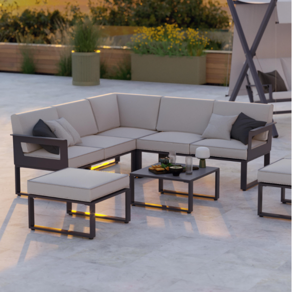 SALON DE JARDIN ODYSSEA GRIS ANTHRACITE 7 PERSONNES