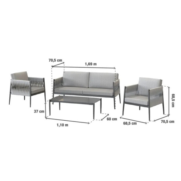 Salon bas de jardin aluminium HENIO 4 places