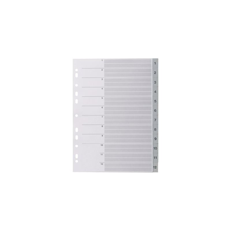 Jeu de 12 intercalaires numériques en polypropylène gris, format A4