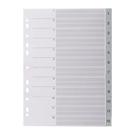 Jeu de 12 intercalaires numériques en polypropylène gris, format A4