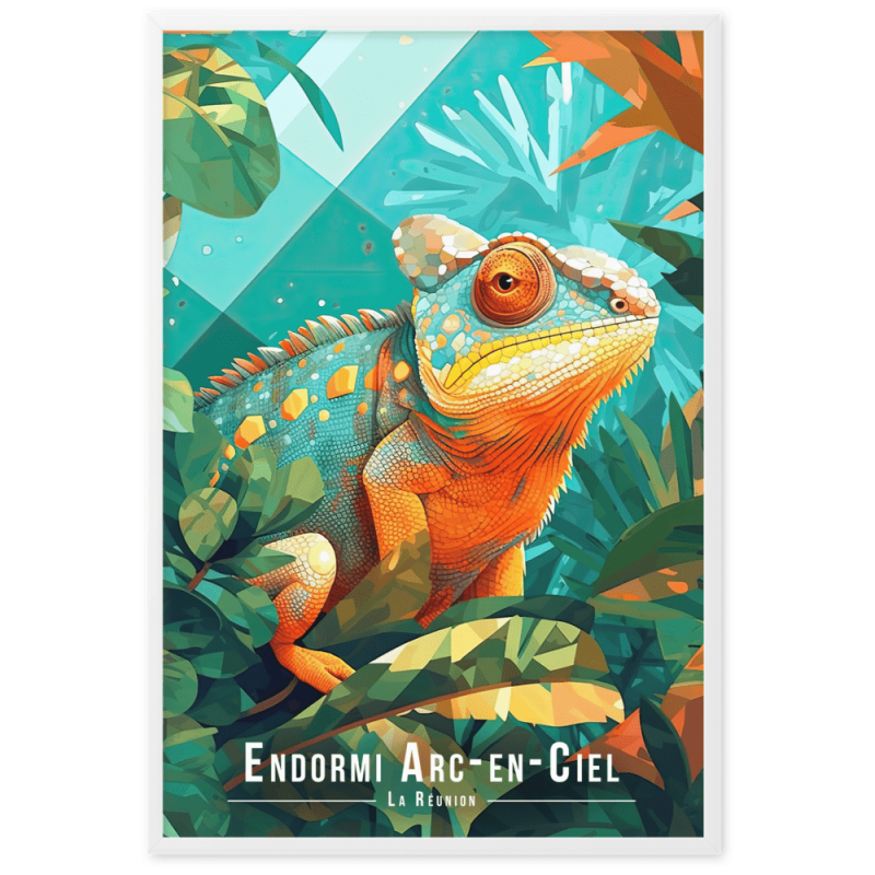 Cameleon arc en ciel sur sa branche 61 × 91 cm