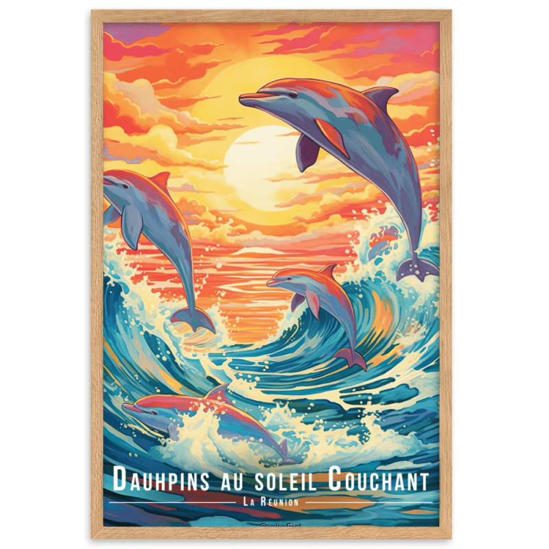 Dauphins et soleil couchant  30 × 40 cm