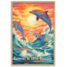 Dauphins et soleil couchant  30 × 40 cm