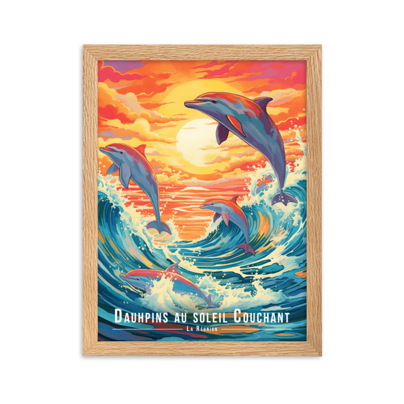 Dauphins et soleil couchant  50 × 70 cm