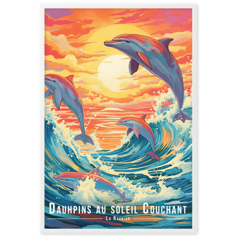 Dauphins et soleil couchant  61 × 91 cm