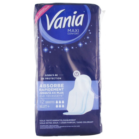 Serviettes hygiéniques Maxi Nuit+ avec ailettes  x12 - VANIA - VANSVNUI+12