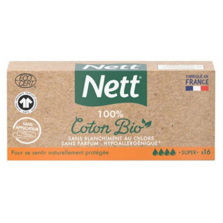 Tampons hygiéniques sans applicateur Super 100% coton bio x16 - NETT - NETBIOSUP16