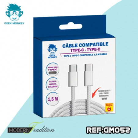 Câble USB Type-C tresse premium 60W+ 1.5m Blanc - GEEK MONKEY - GM052