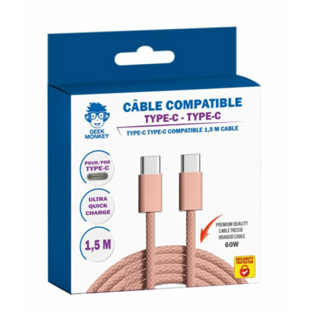 Câble USB Type-C tresse premium 60W+ 1.5m Rose - GEEK MONKEY - GM053