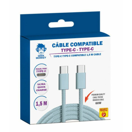 Câble USB Type-C tresse premium 60W+ 1.5m Bleu - GEEK MONKEY - GM054