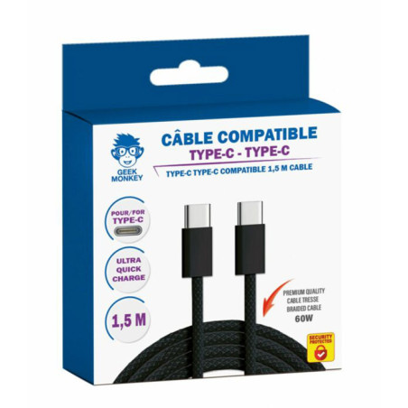 Câble USB Type-C tresse premium 60W+ 1.5m Noir - GEEK MONKEY - GM055
