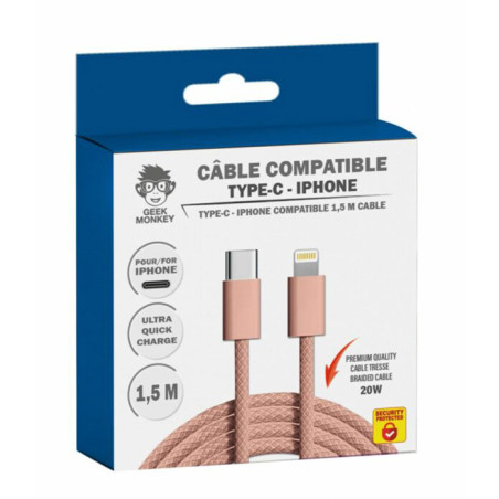Câble USB-C vers Lightning 20W 1,5m Rose - GEEK MONKEY - GM057