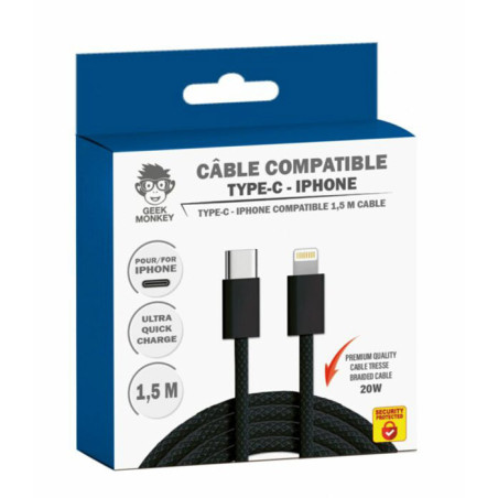 Câble USB-C vers Lightning 20W 1,5m Noir - GEEK MONKEY - GM059