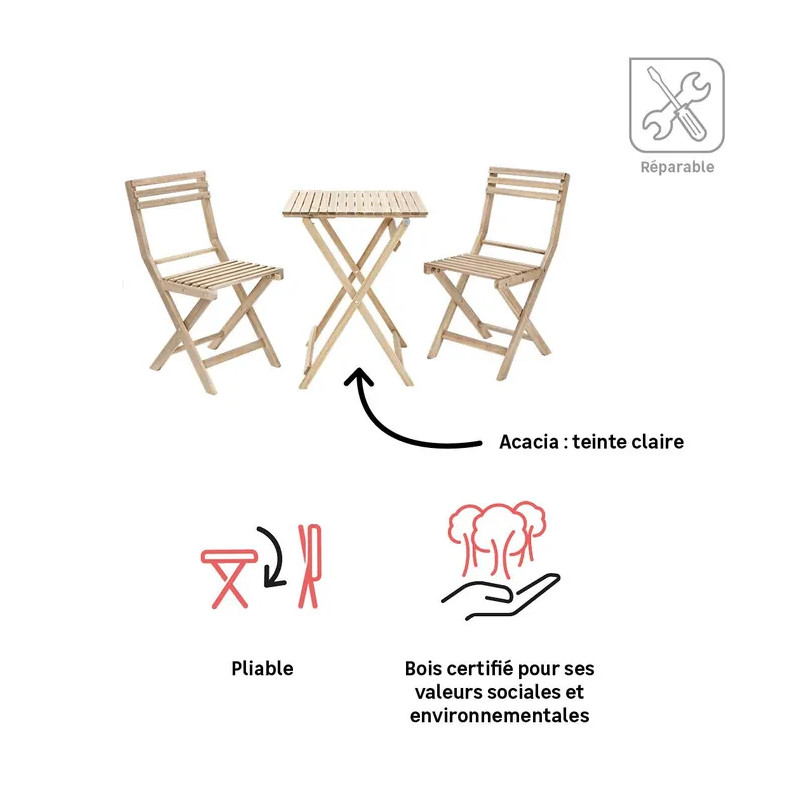 Set pour balcon table et 2 chaises en acacia SOLIS II