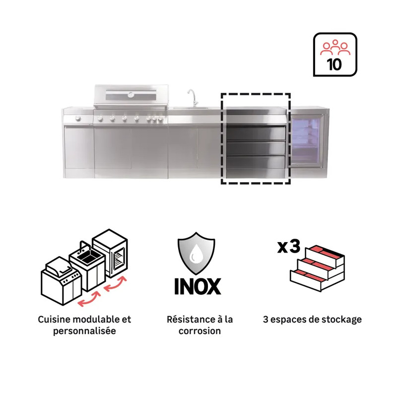 Cuisine d'extérieur en acier et inox, meuble rangement Ilo