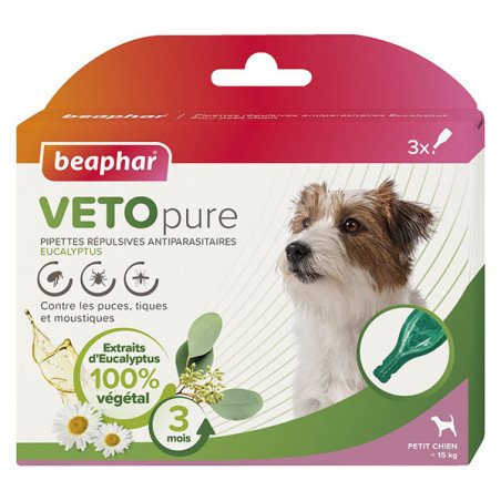 Pipettes répulsives antiparasitaires à l'Eucalyptus pour chien VETOpure Taille S x3 - BEAPHAR - BASP211