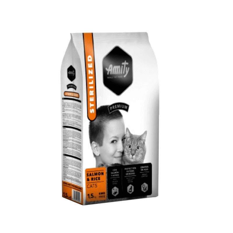 Croquettes pour chat stérilisés saumon & riz 1,5kg - AMITY PREMIUM - AMICPSTESA1