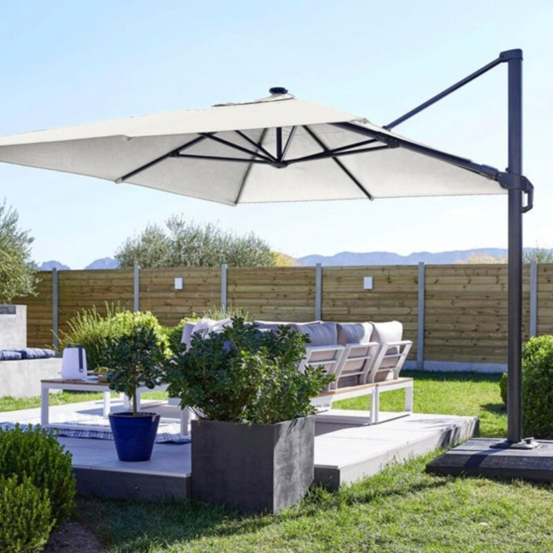 Parasol déporté LED + pied Taupe Sonora II